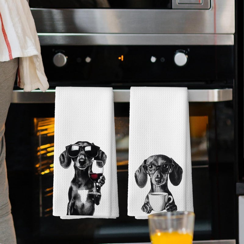 Mcehtle Dachshund Kitchen Towels Set of 2, Funny Kitchen Decor, Coffee Station Wine Bar Decor, Black and White Dog Owner Hand Towel, Wiener Lover Dining Room Kitchen Decorative Tea Towels 16x24 Inch - Image 2